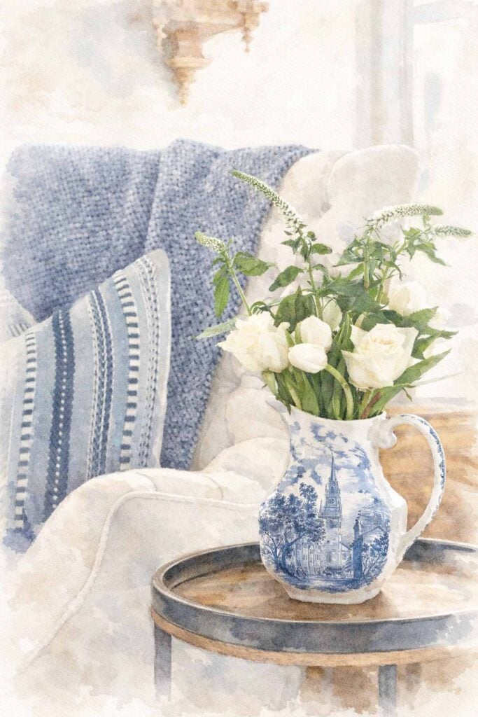 chair with pitcher of flowers watercolor