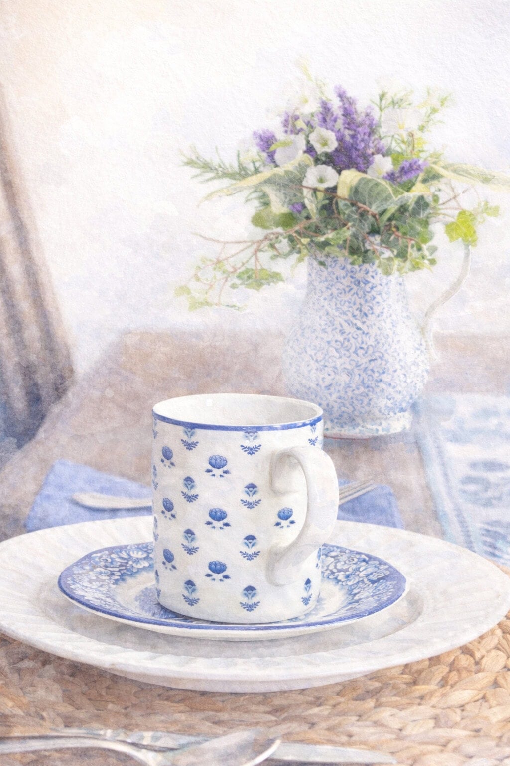 cup vignette with pitcher of flowers in background watercolor