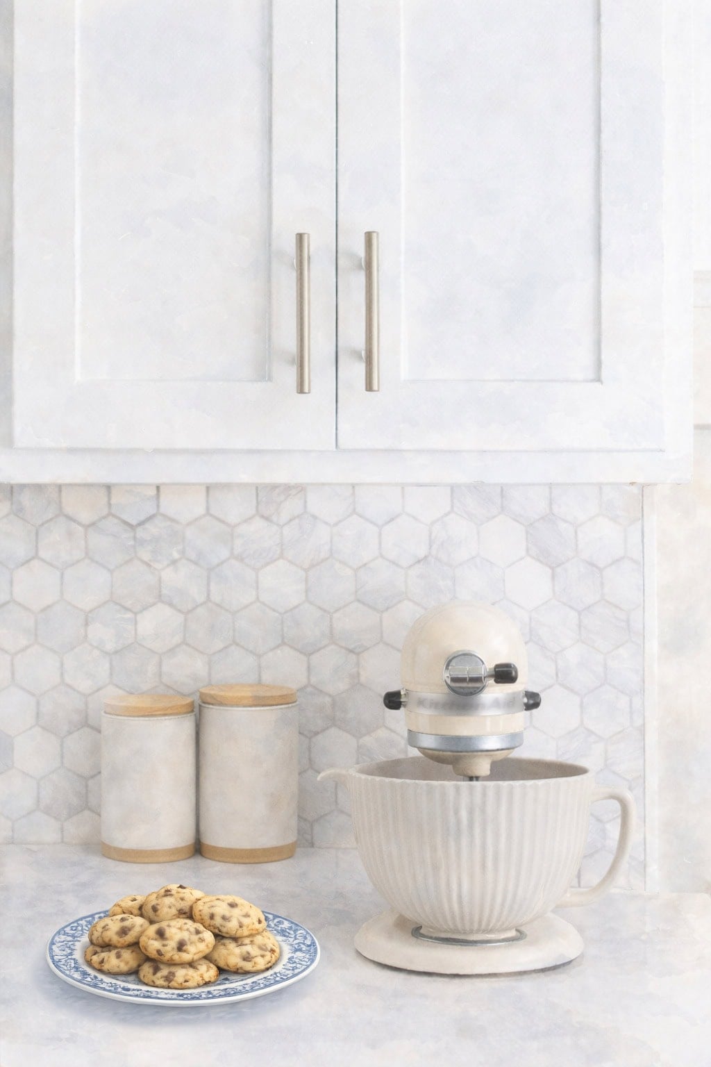 kitchen watercolor with mixer and plate of chocolate chip cookies 3