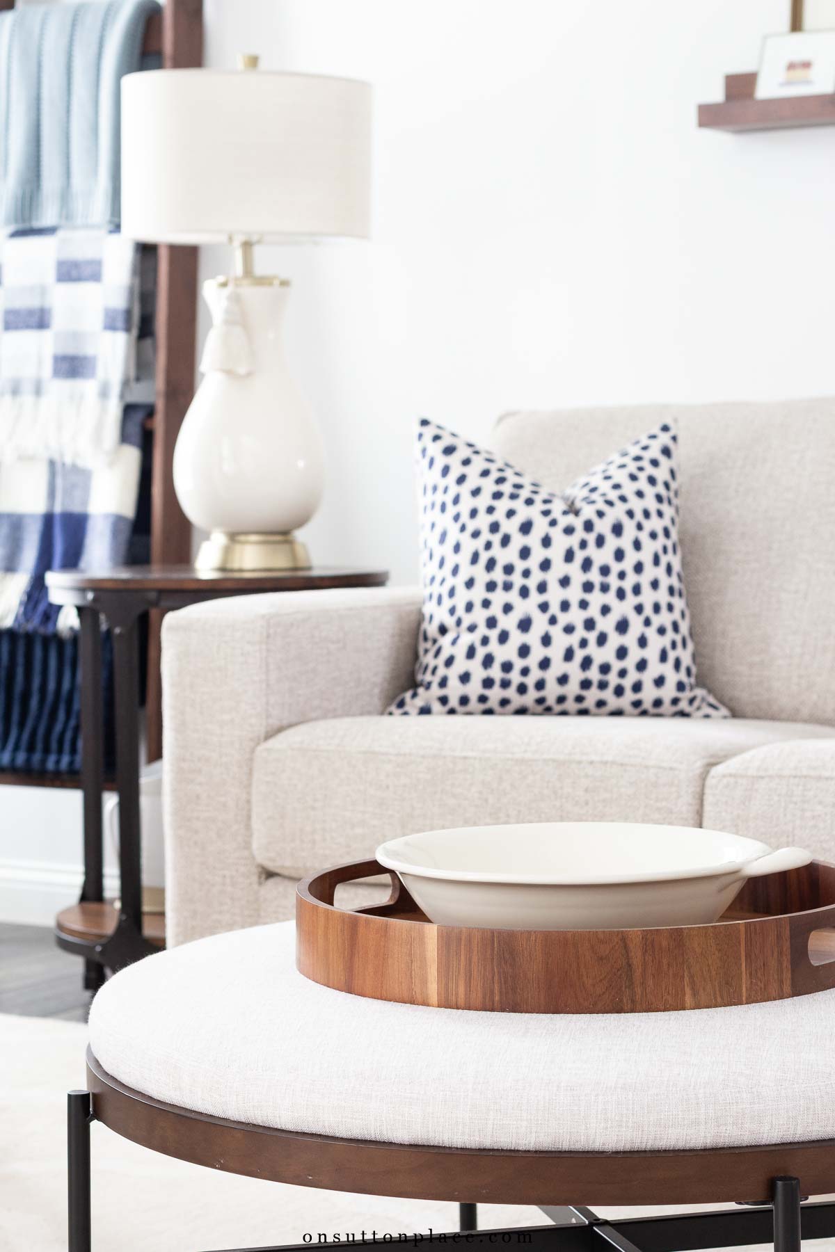 neutral living room upholstered ottoman coffee table