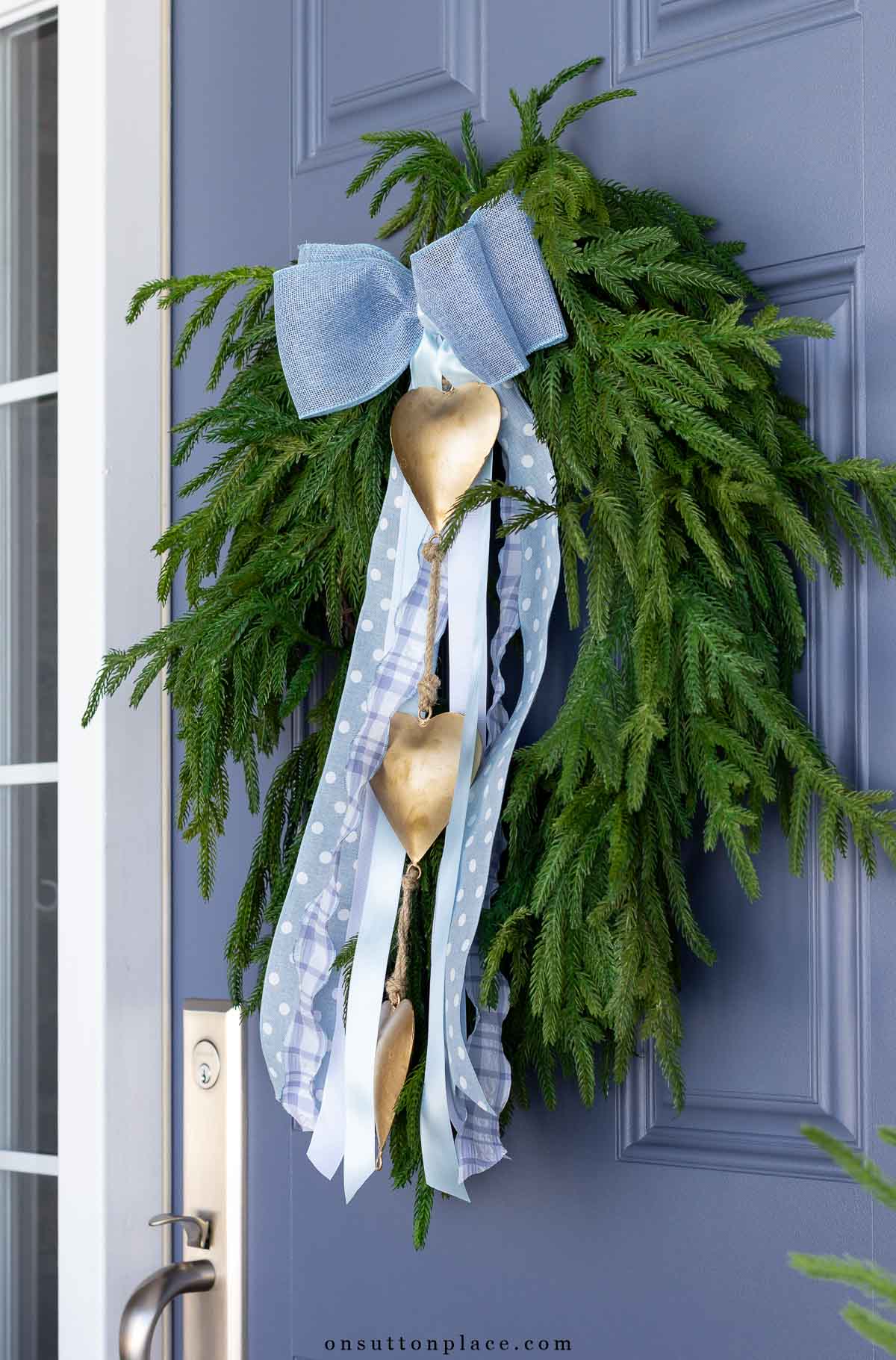 norfolk pine wreath with blue bow on blue front door