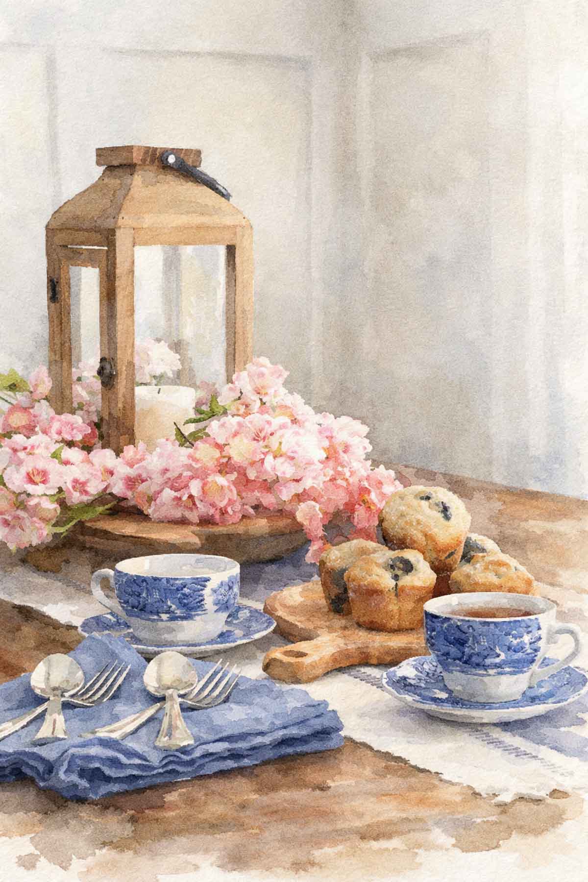 cherry blossoms in dough bowl with lantern watercolor