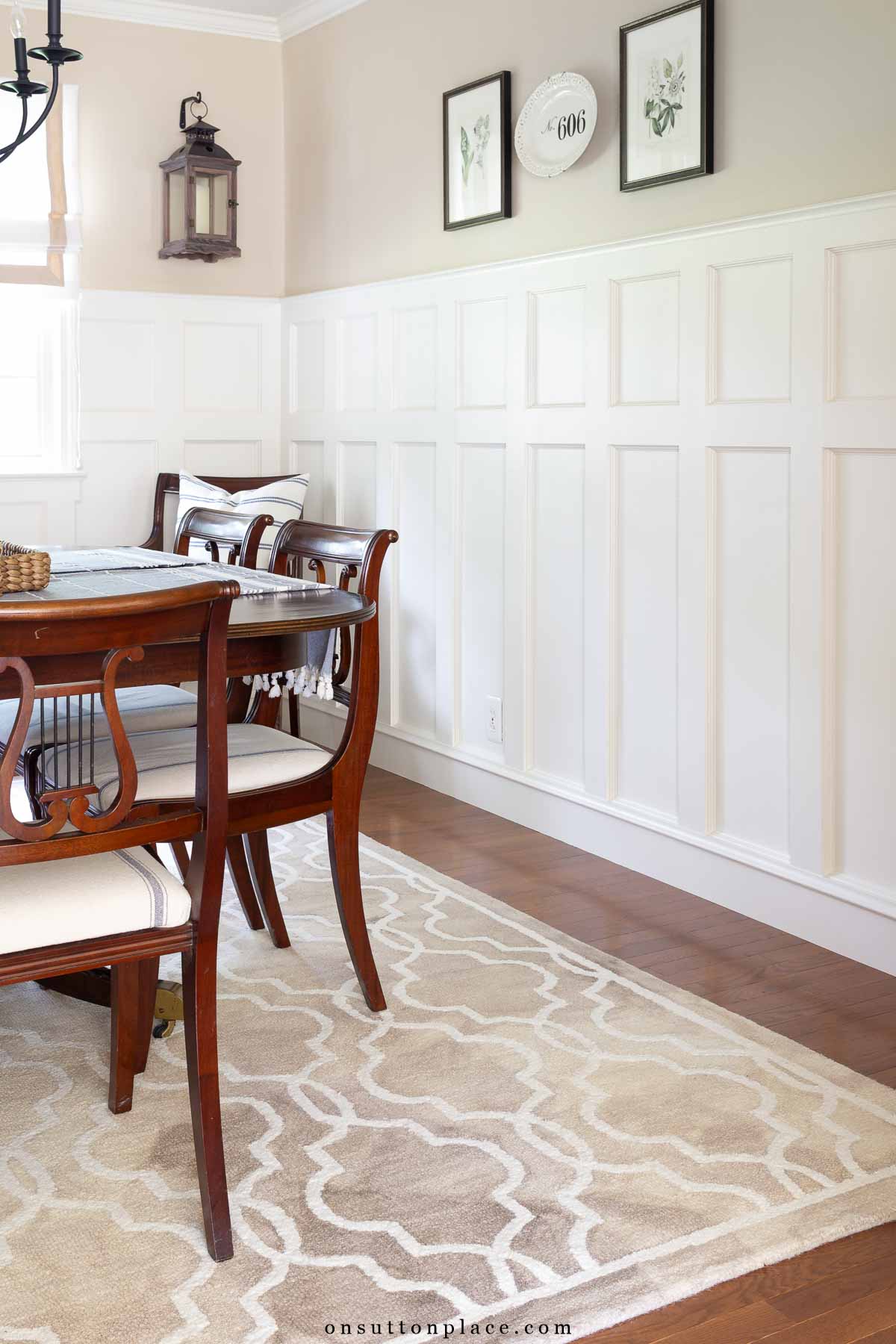 dining room board and batten walls area rug