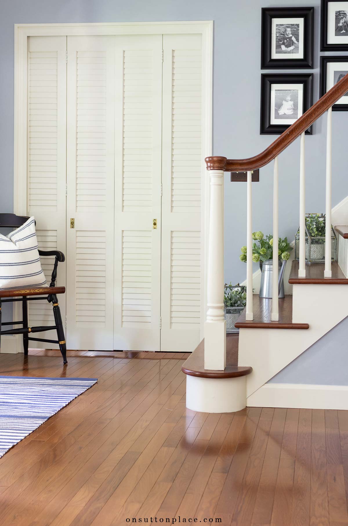 entry with hardwood floors open staircase blue walls