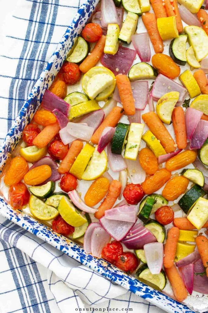 oven roasted vegetables on baking sheet summer side dish idea