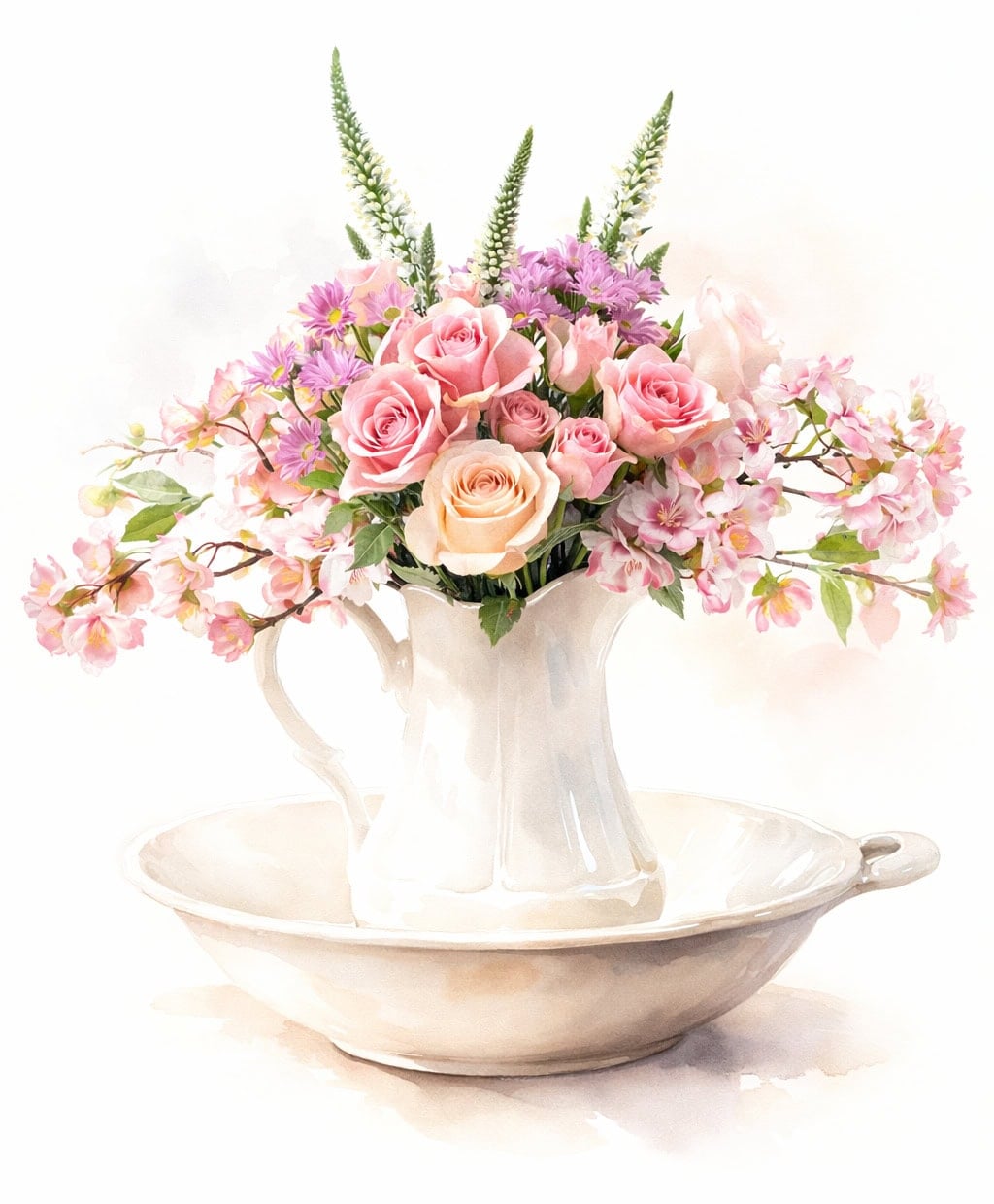 pitcher and bowl with pink flowers watercolor