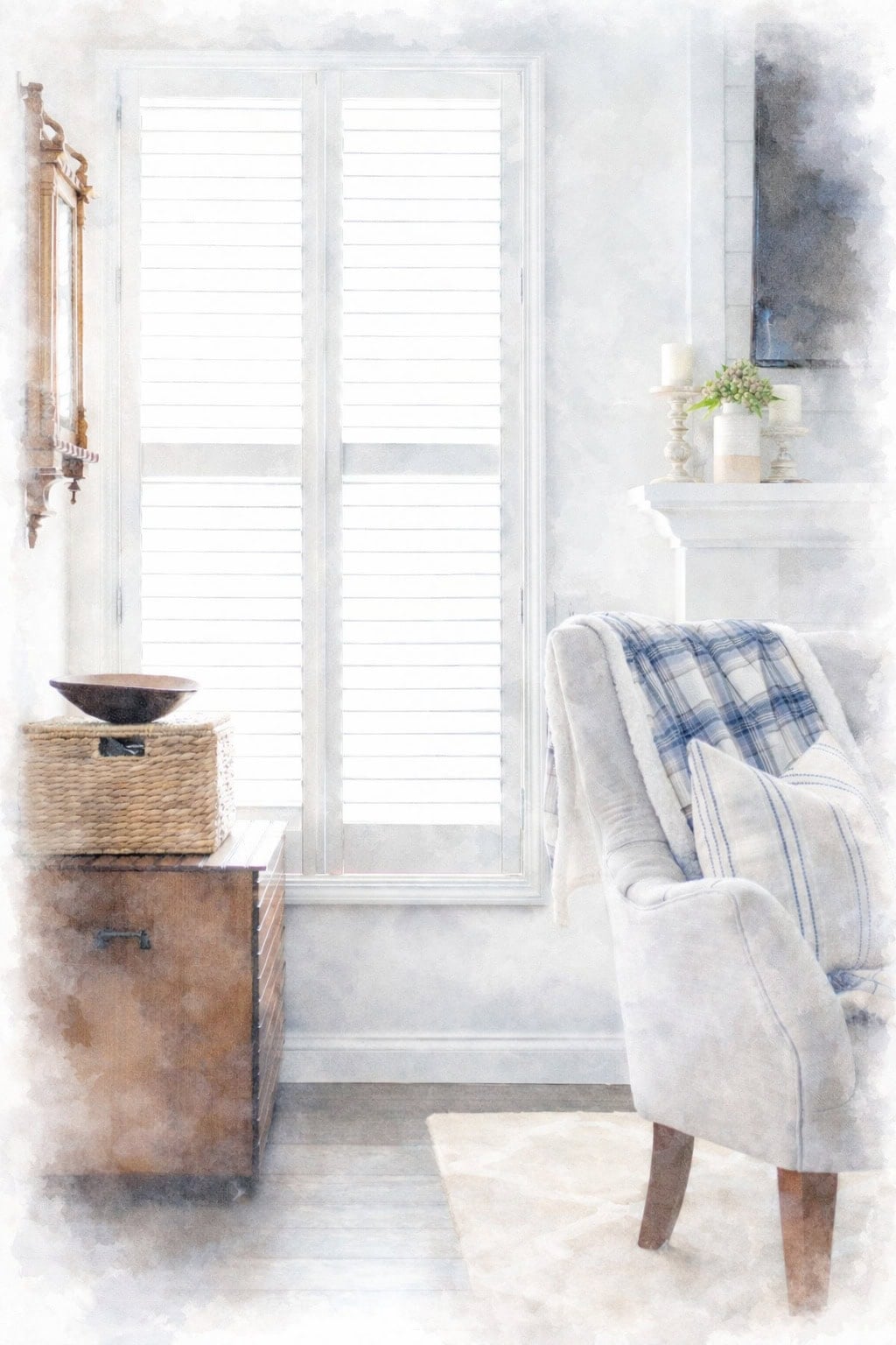 white shutters in cozy neutral living room watercolor