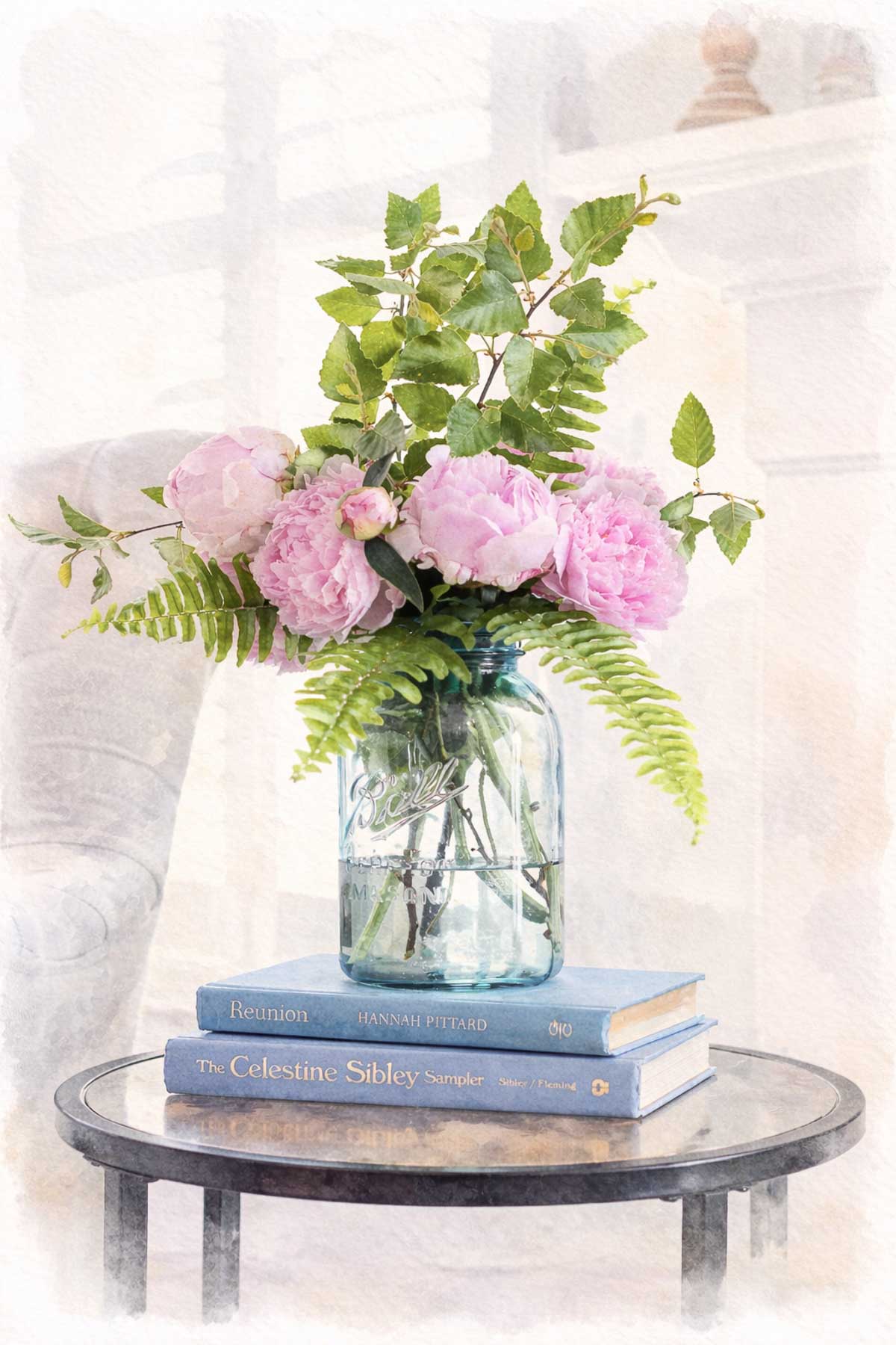 peonies fern fronds in blue mason jar vignette watercolor-3