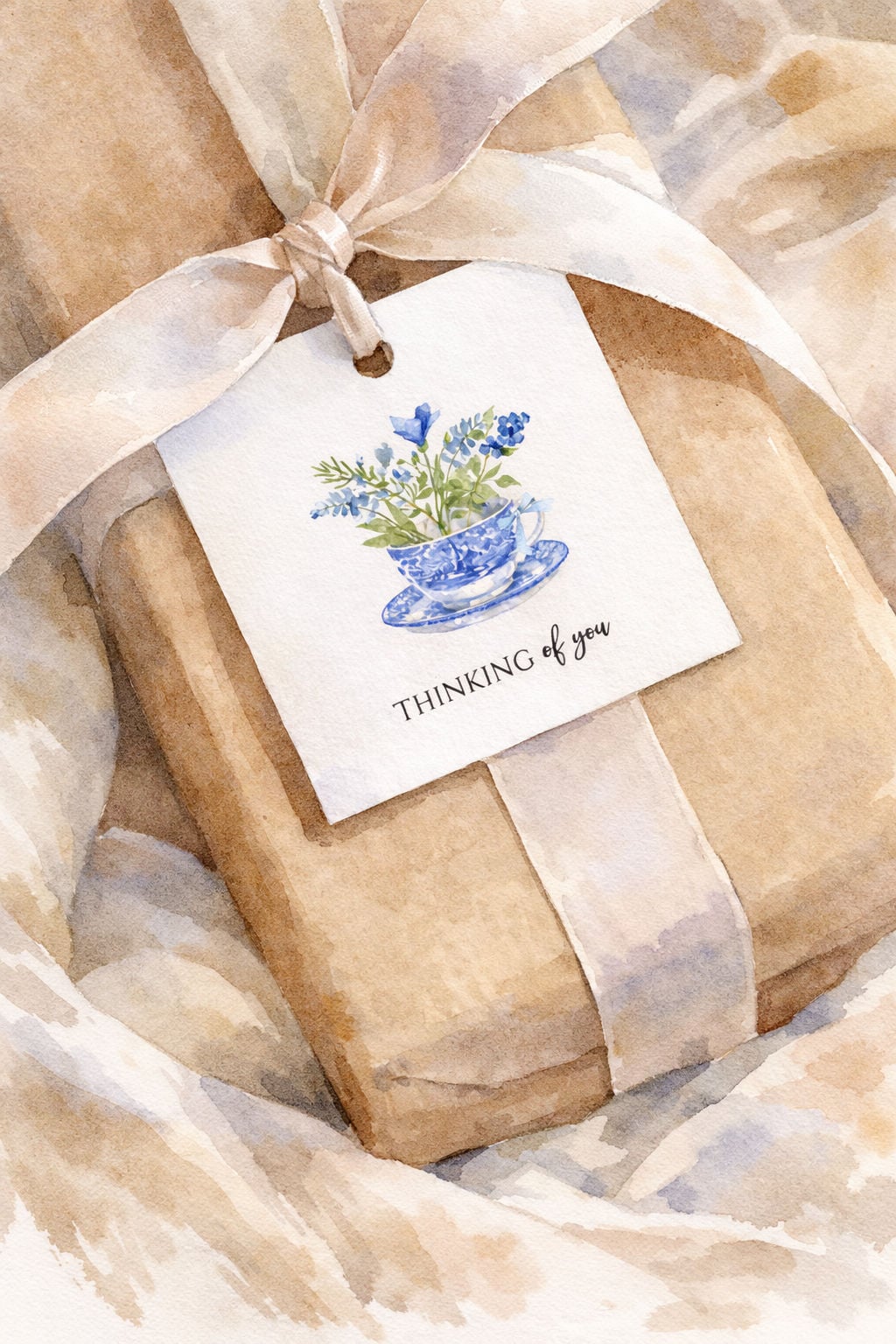 thinking of you gift tag on wrapped present watercolor