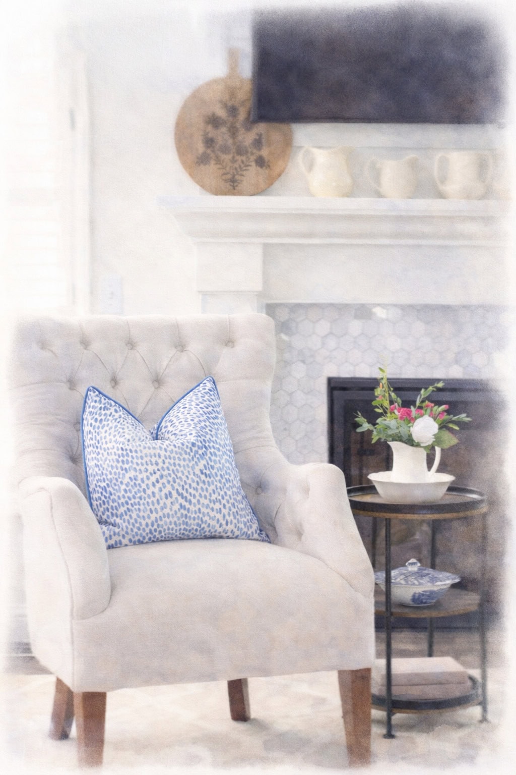 tufted chair with blue pillow in living room watercolor