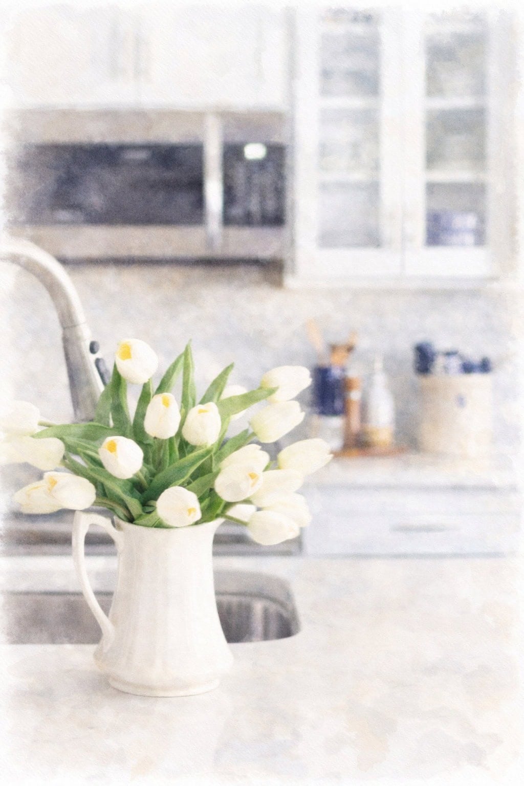 uncluttered kitchen white cabinets pitcher of tulips watercolor