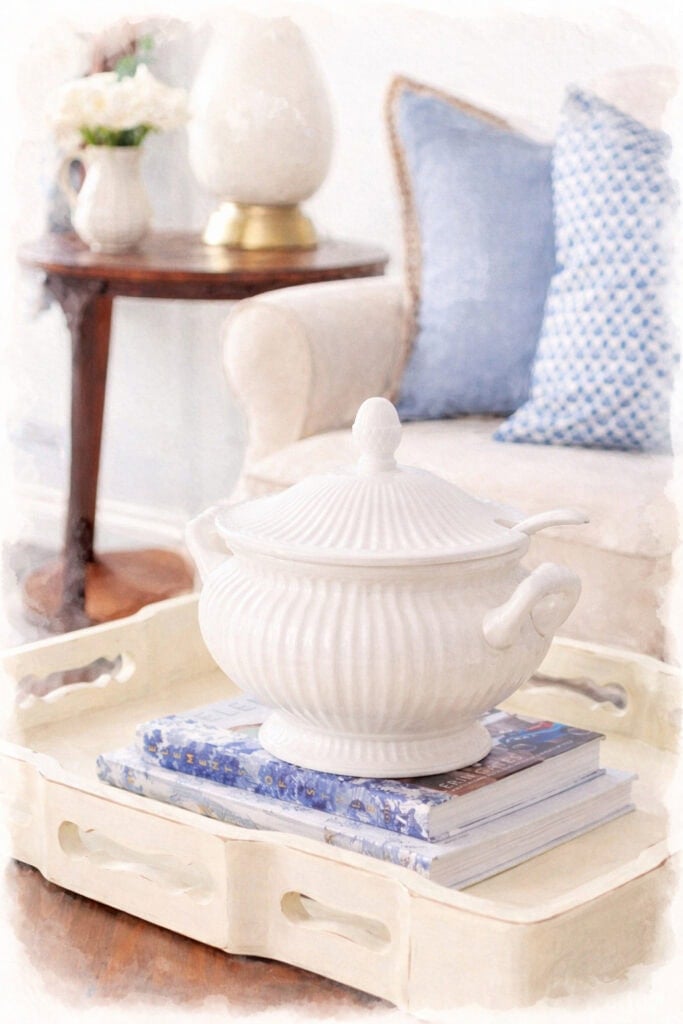 white vintage tureen books tray coffee table vignette watercolor