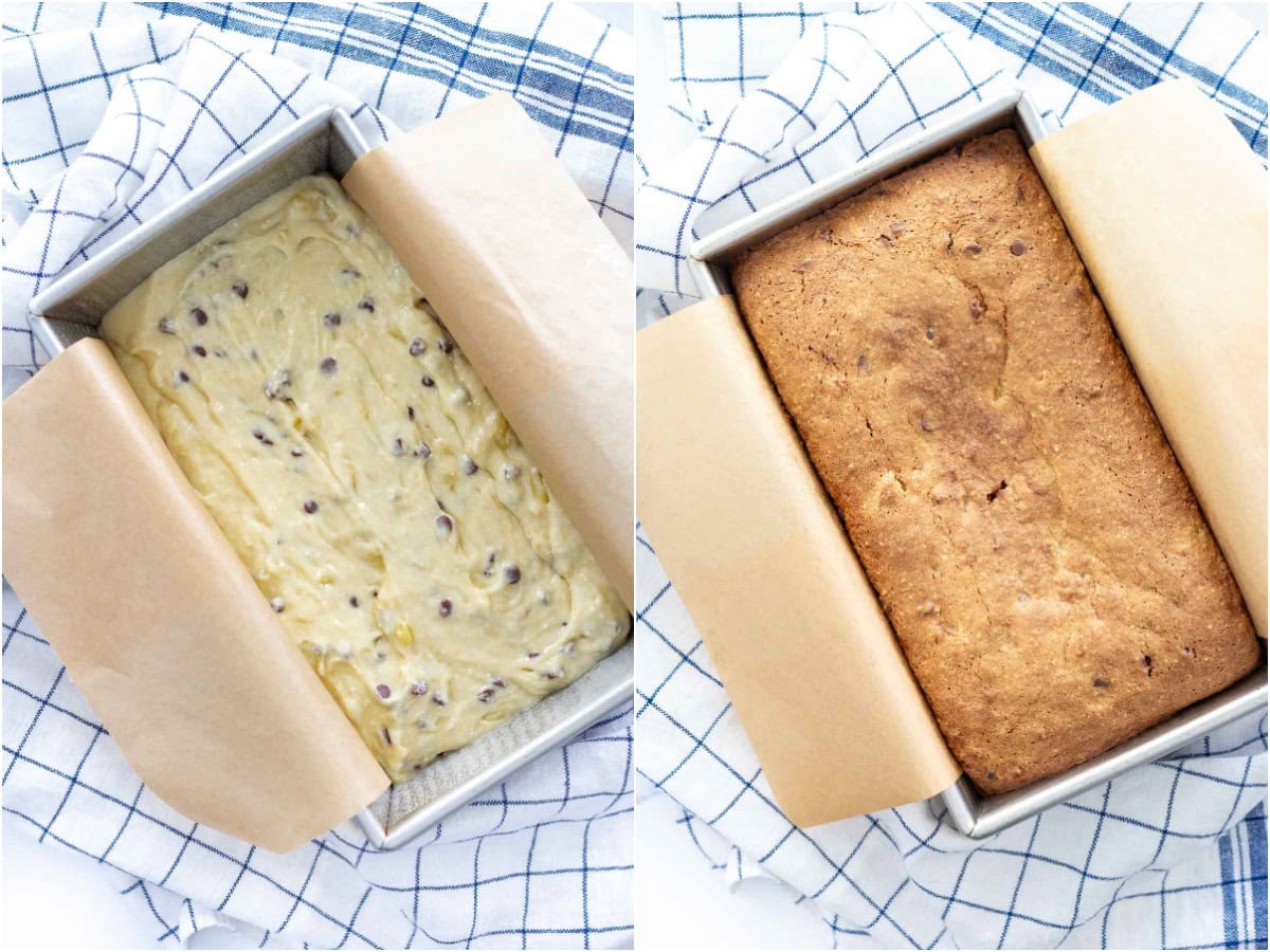chocolate chip banana bread recipe batter in loaf pan and baked loaf collage