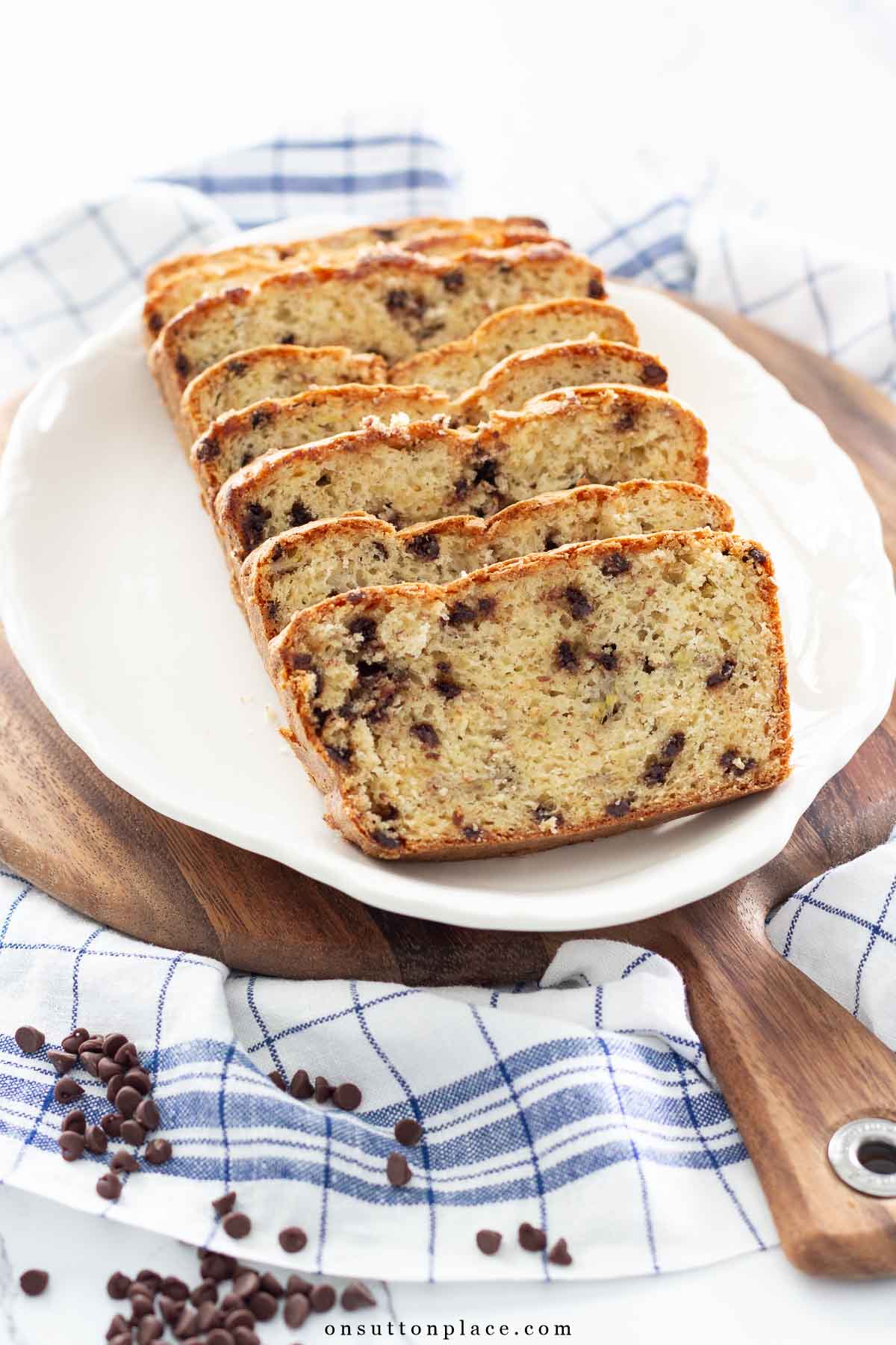 chocolate chip banana bread sliced on plate