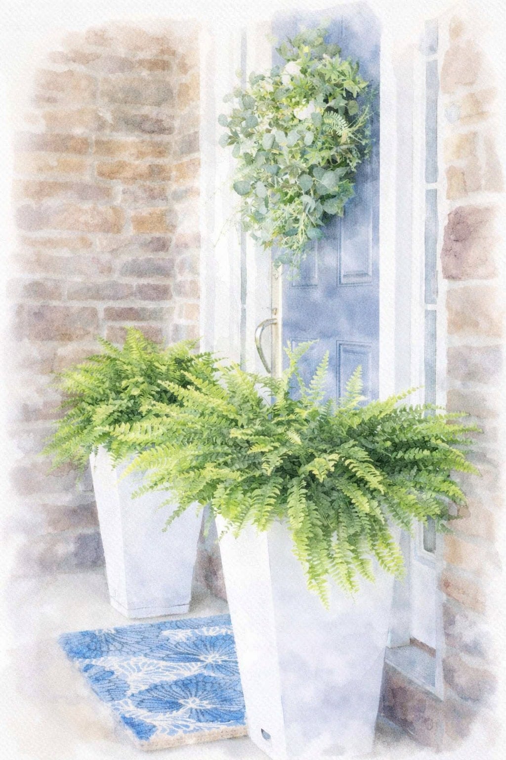 ferns in planters blue front door with wreath watercolor