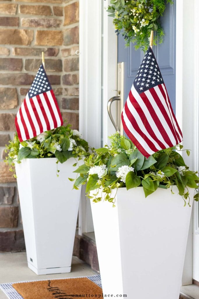 flags in porch planters for 4th of july