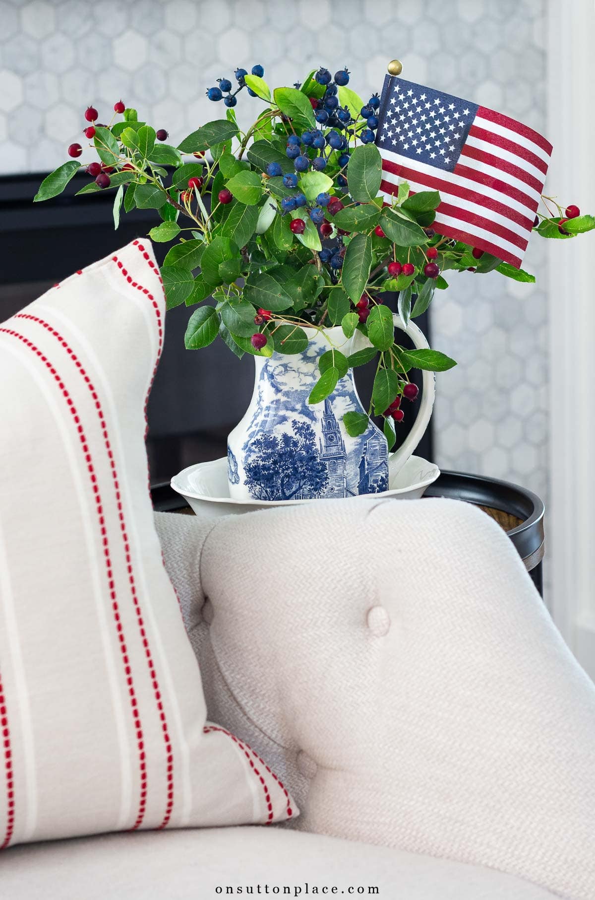 patriotic decor simple red white pillow on tufted chair