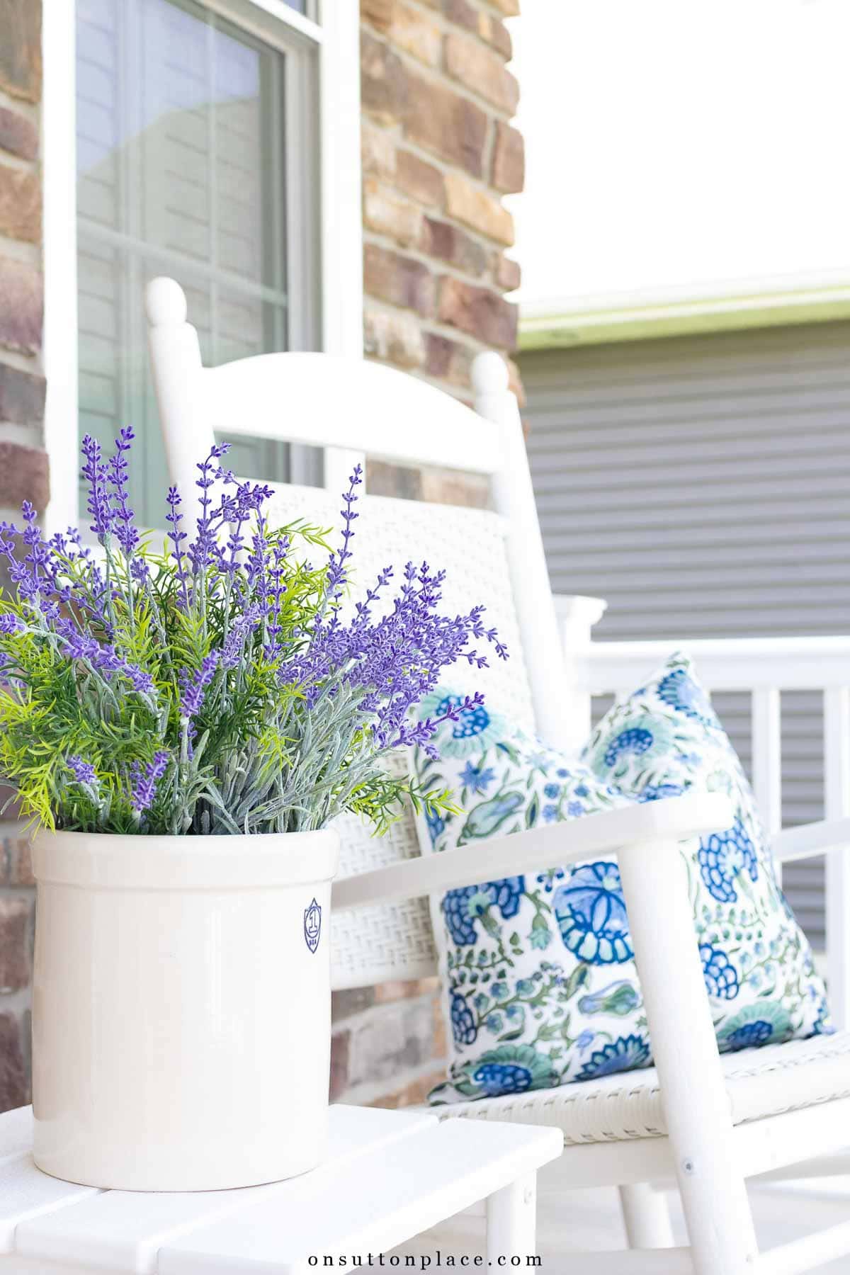 summer front porch decor white furniture lavender in crock