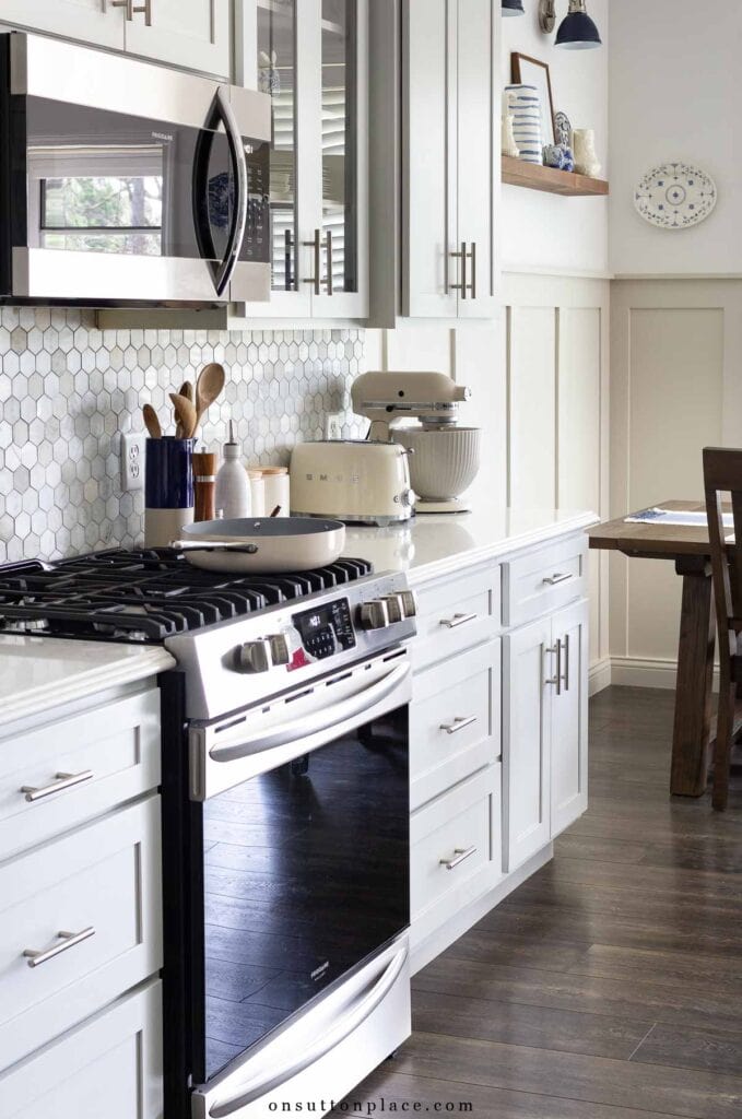 working space along wall in white kitchen