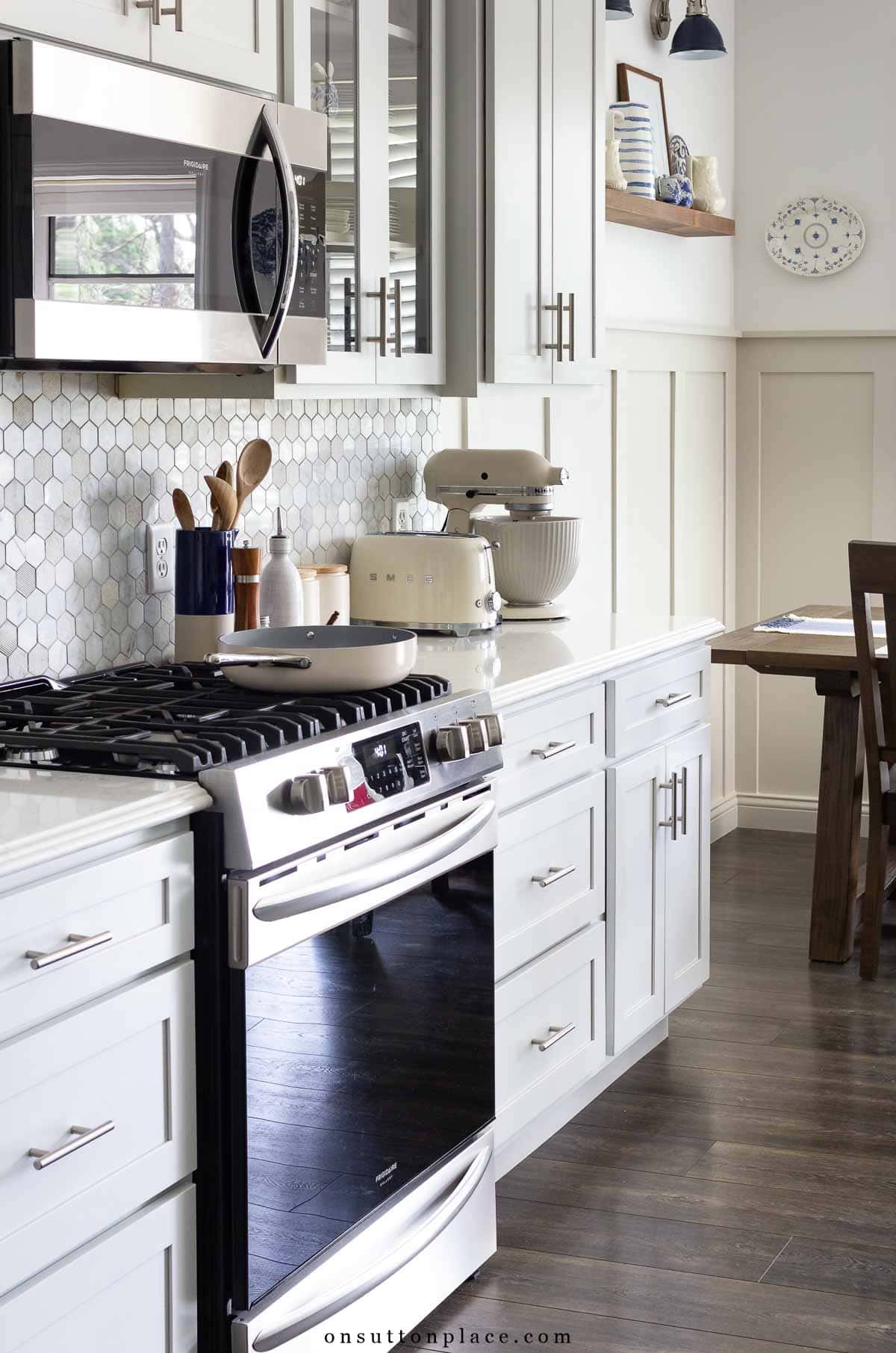 working space along wall in white kitchen