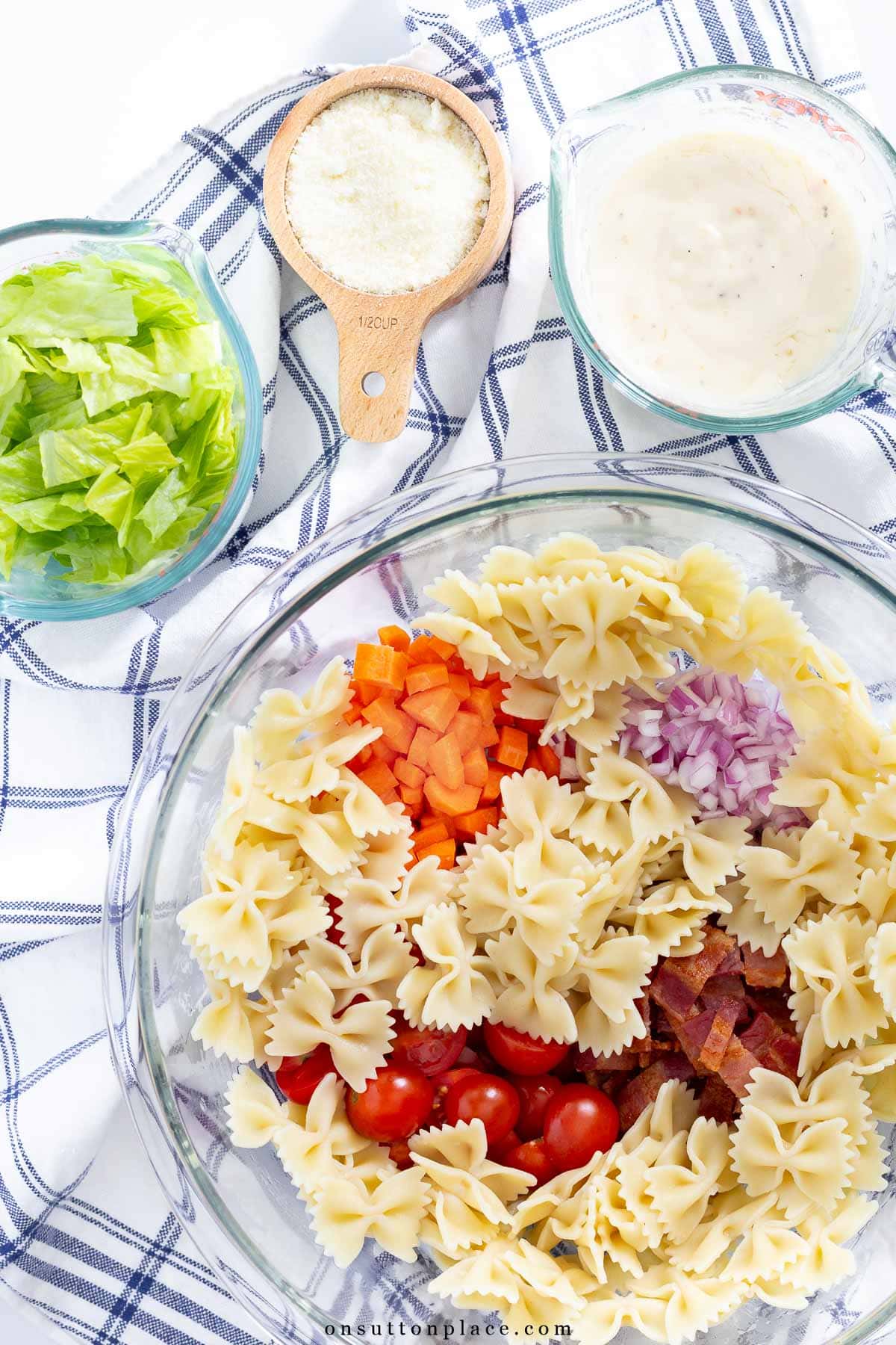 BLT pasta salad recipe with farfalle assembly