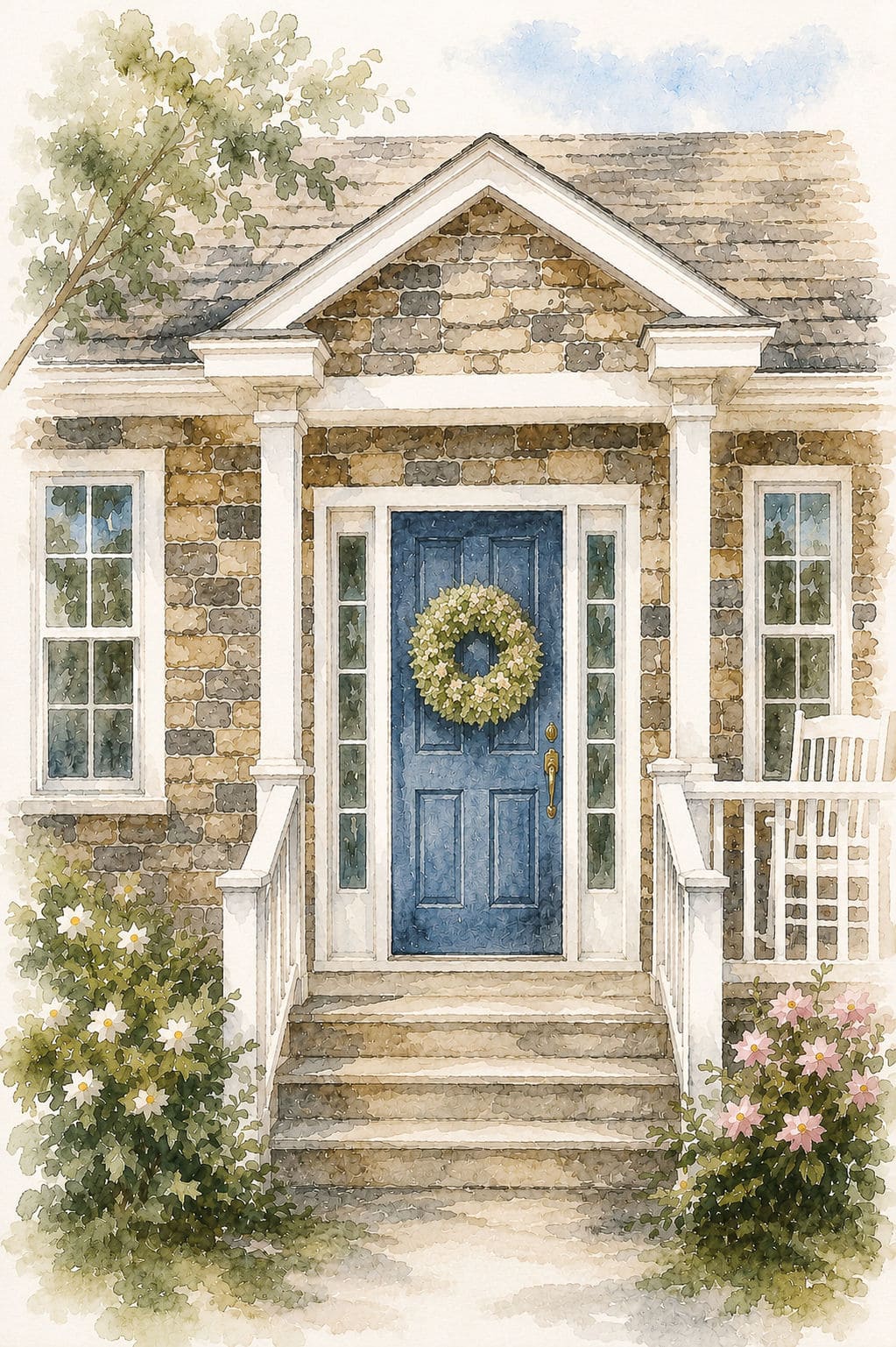 front door with dried hydrangea wreath watercolor for blog
