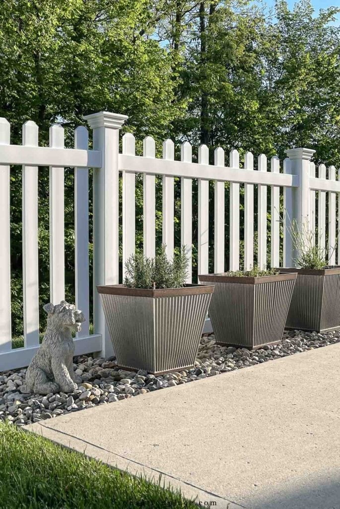 herbs in planters in front of white picket fence