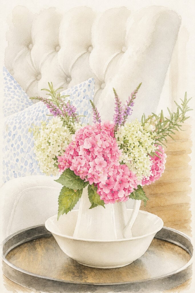 little pitcher of flowers beside tufted chair watercolor