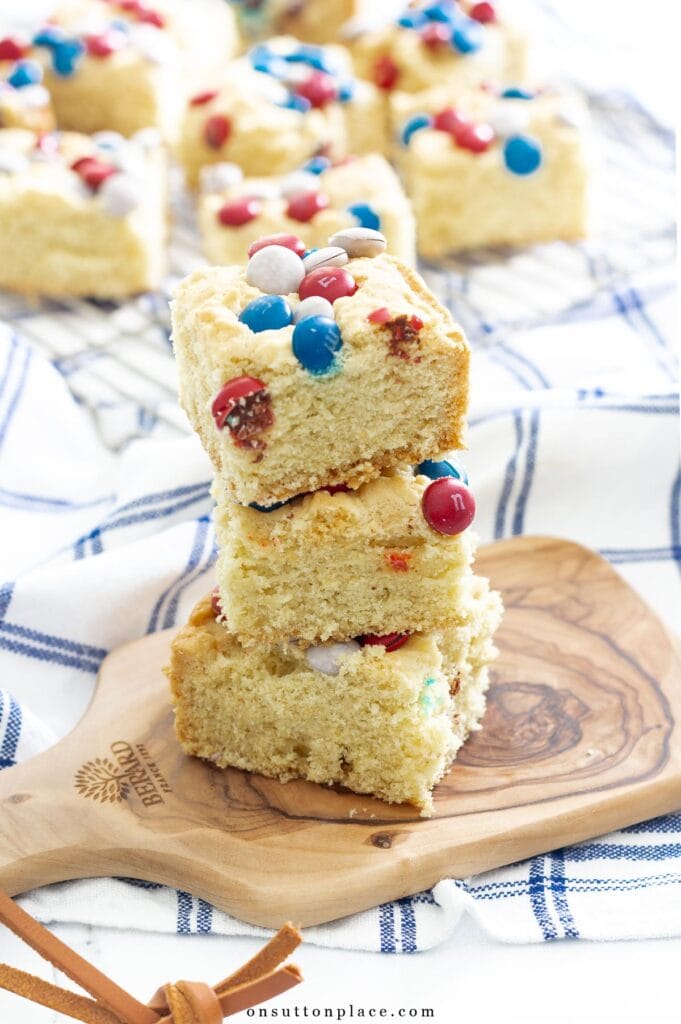 m&m cookie bars recipe stacked
