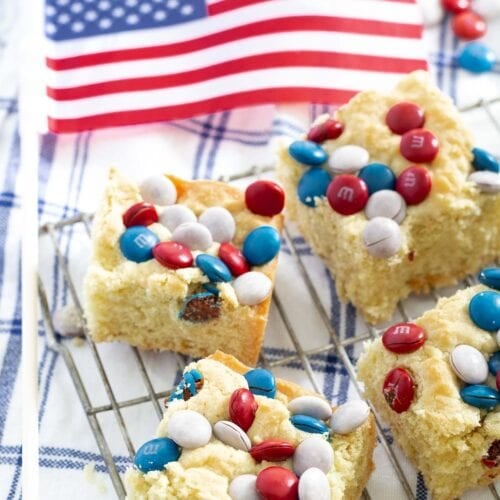 m&m cookie bars recipe with tiny american flag
