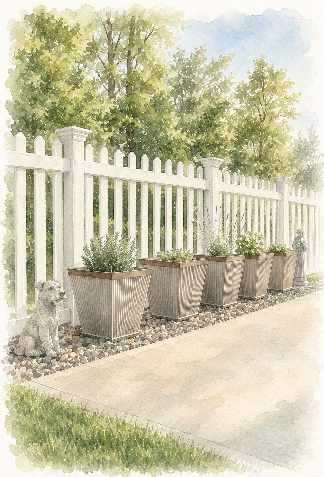 row of herb planters in front of white picket fence watercolor