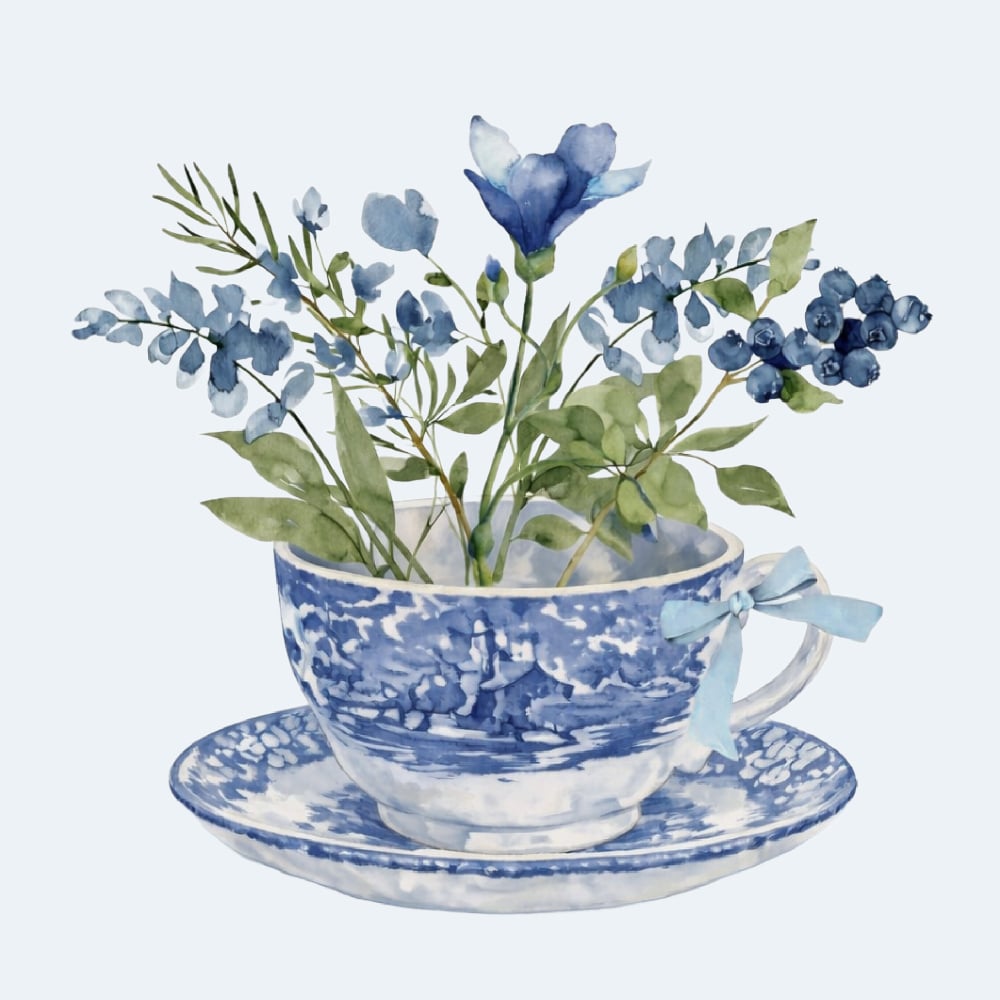 teacup with flowers on blue background element