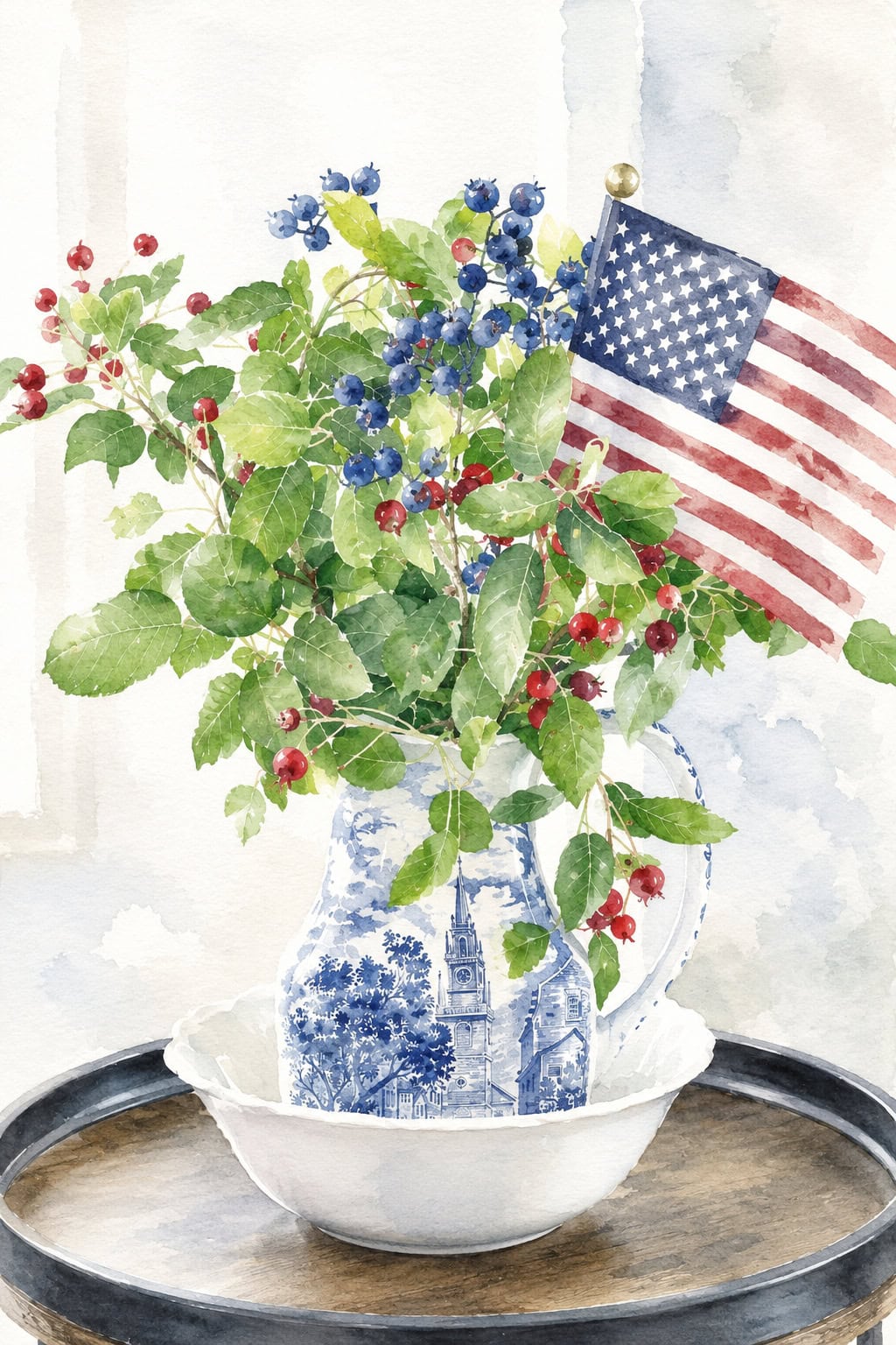 berries in Liberty Blue pitcher watercolor
