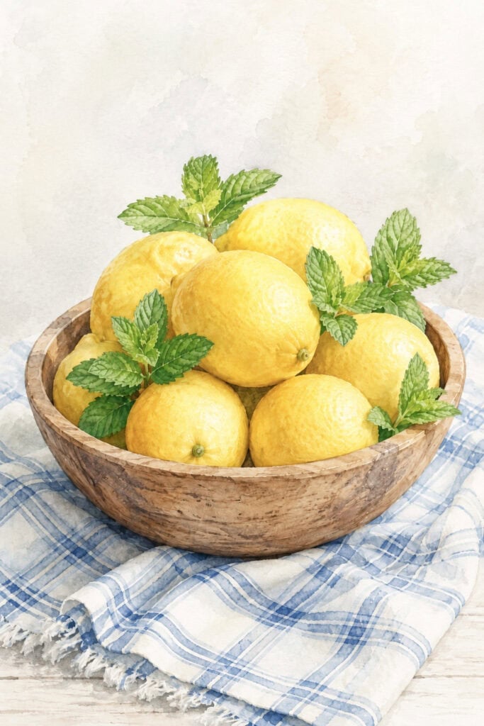 bowl of lemons with mint leaves watercolor