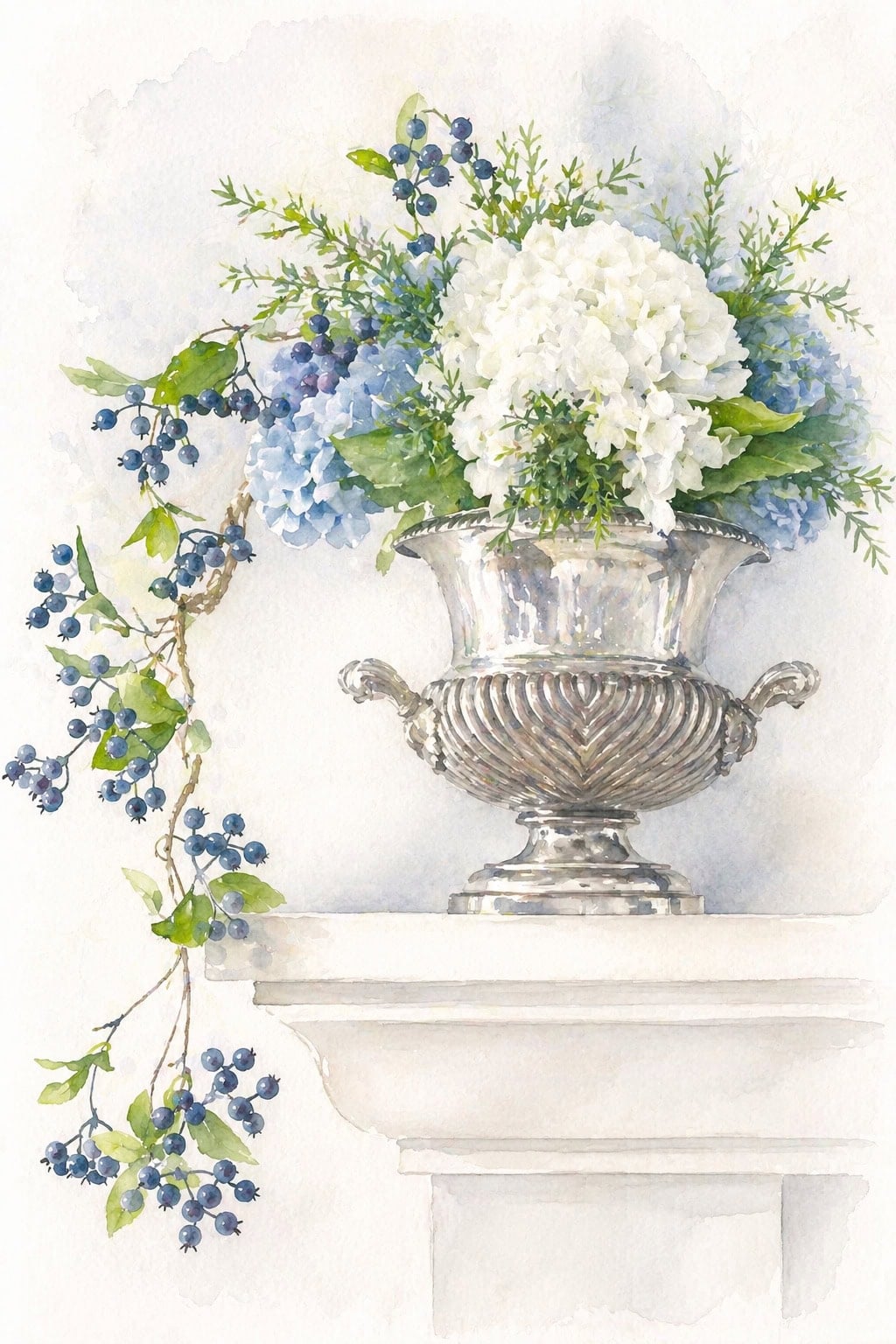 hydrangeas in silver urn watercolor