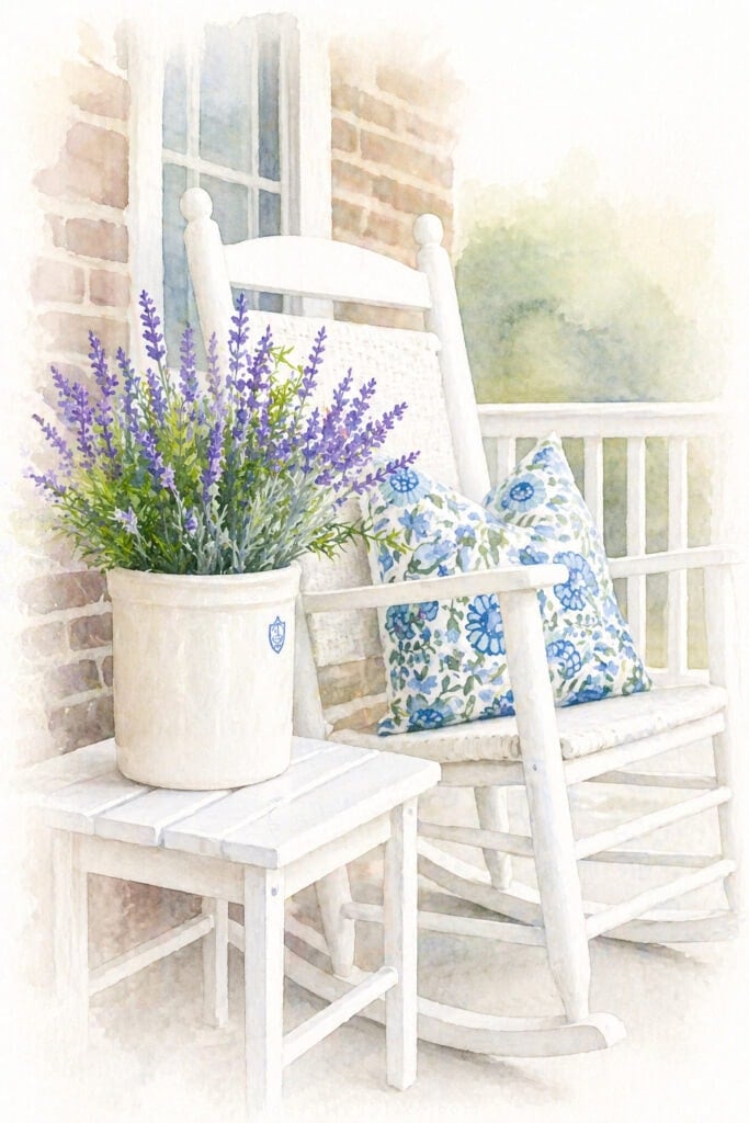porch rocker with pillow table crock of lavender watercolor