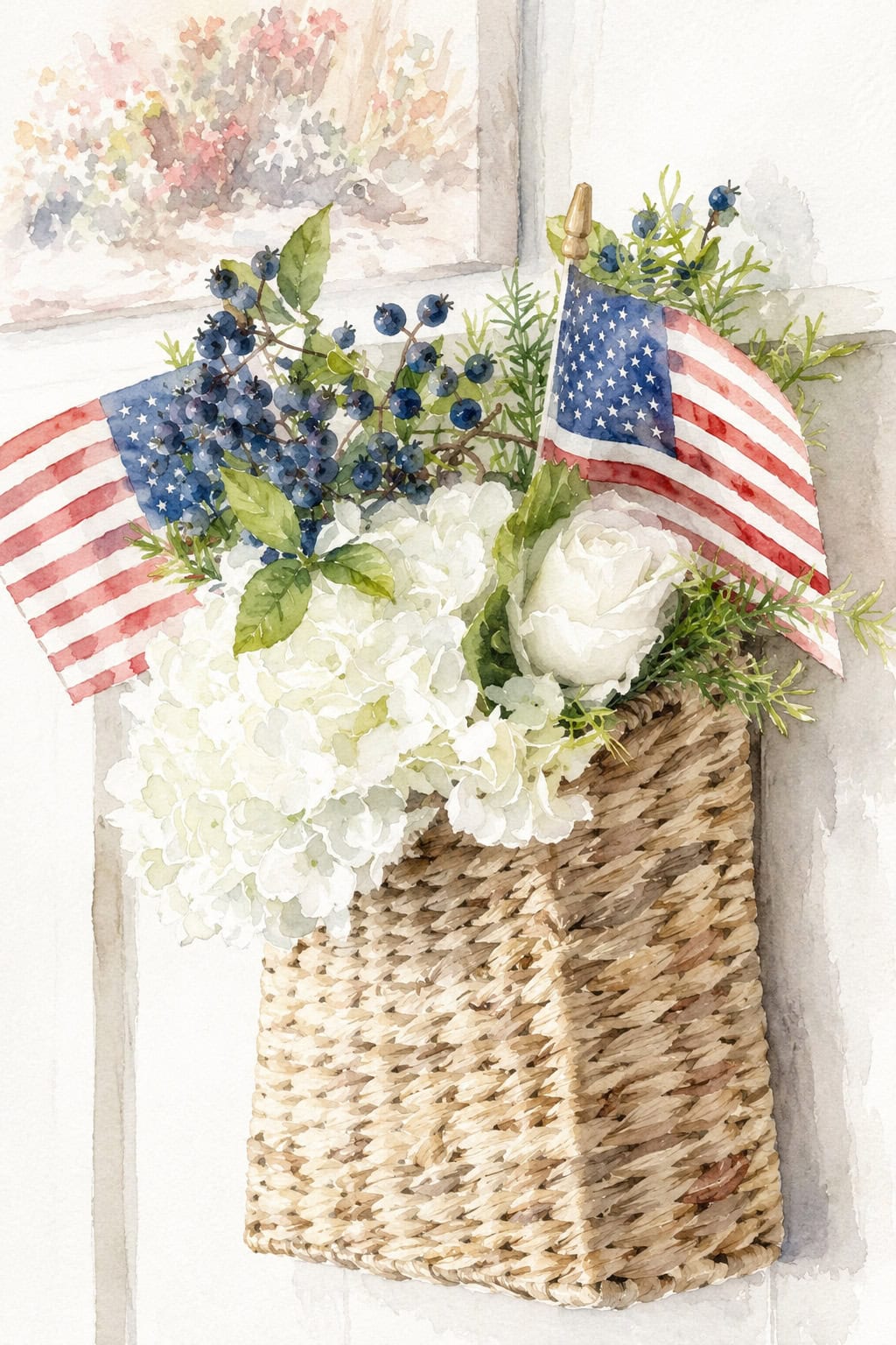 wall basket with hydrangeas blueberries mini flags patriotic watercolor