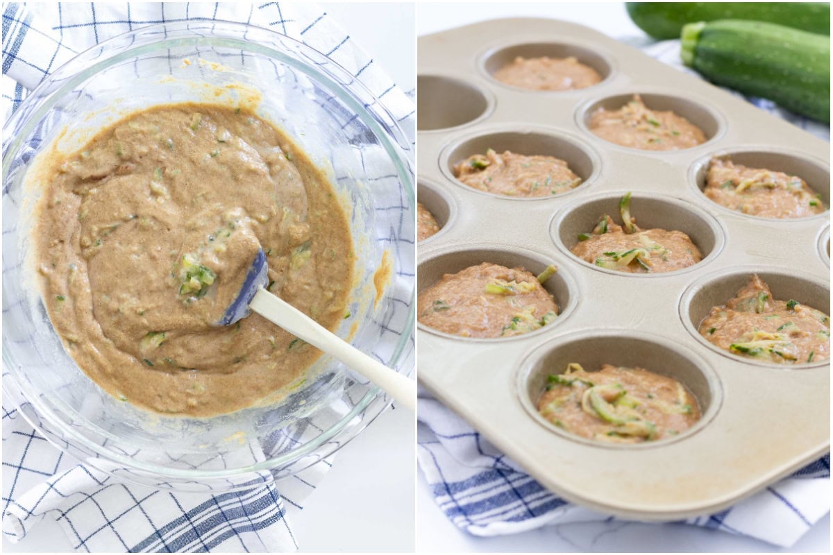 zucchini muffins recipe batter in bowl and muffin pan