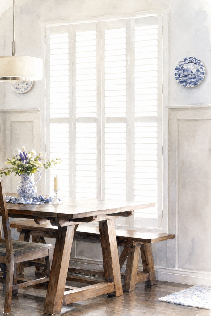 board and batten dining nook watercolor