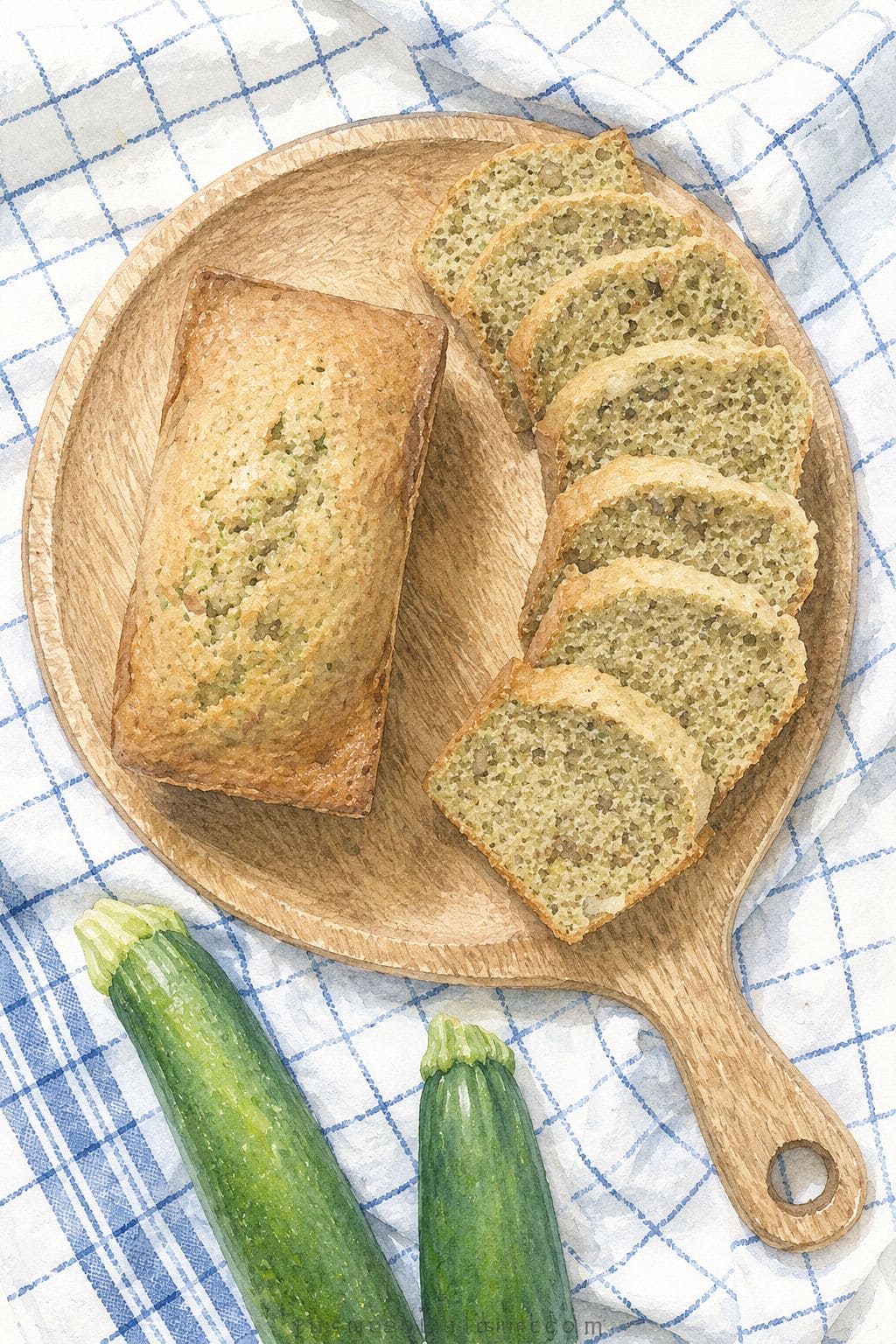 zucchini bread on round wood board watercolor