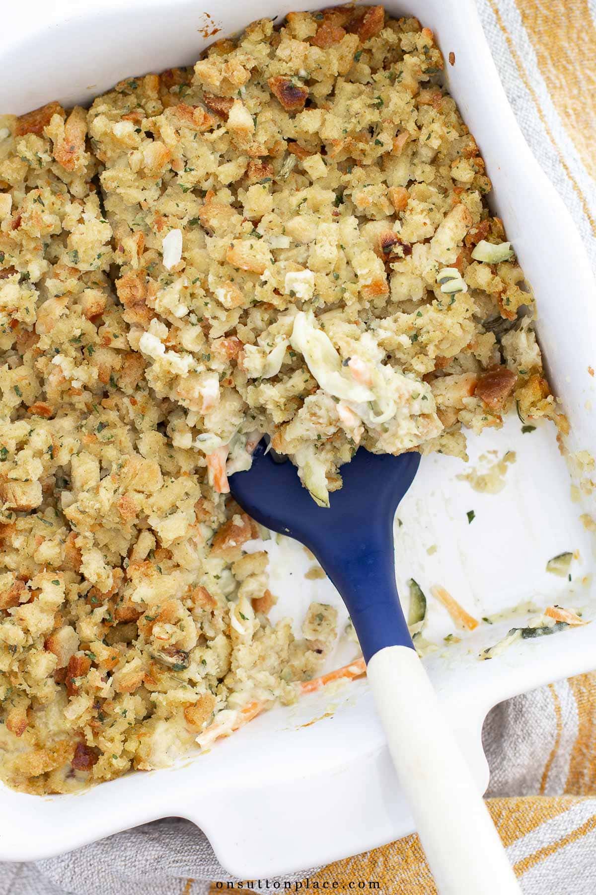 zucchini casserole recipe in baking dish with stuffing