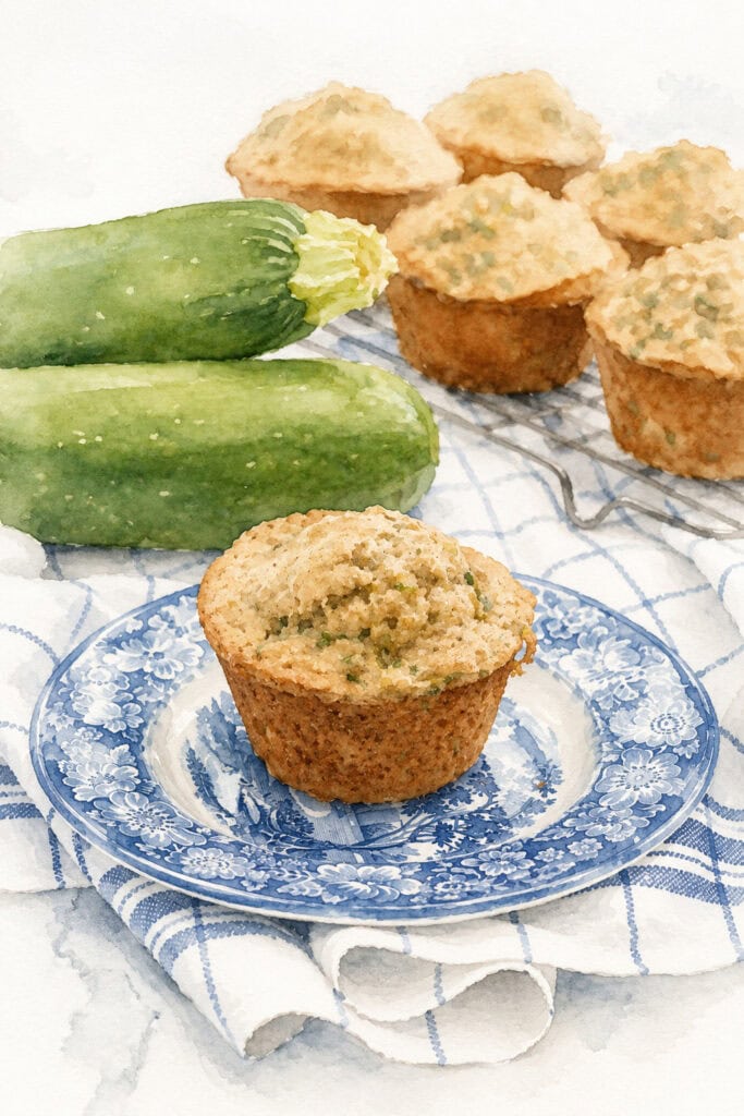 zucchini muffin on blue and white plate watercolor