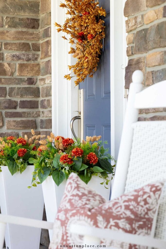 front porch decorating ideas for fall planters wreath pillows on rocker