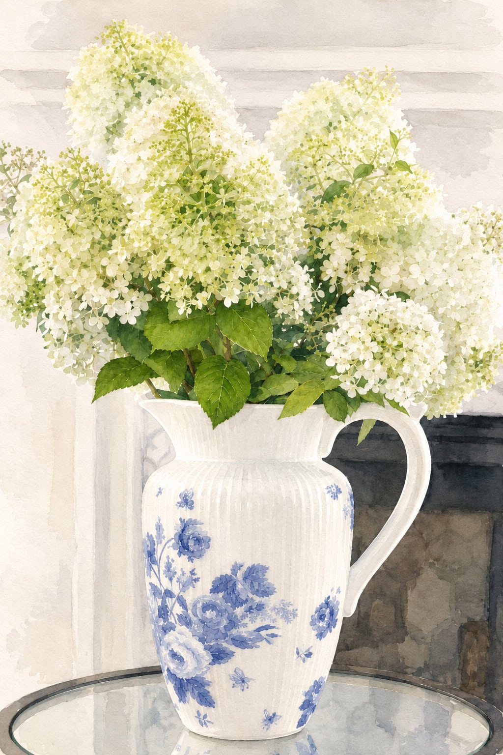 hydrangeas in blue flowered pitcher watercolor
