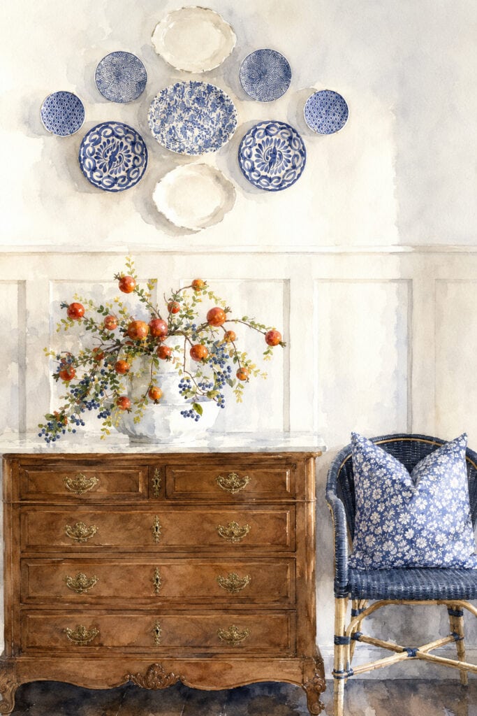modern farmhouse foyer decorated for early fall watercolor