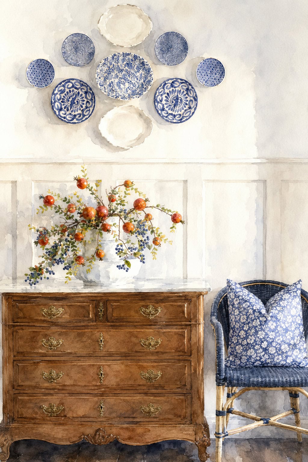 modern farmhouse foyer decorated for early fall watercolor