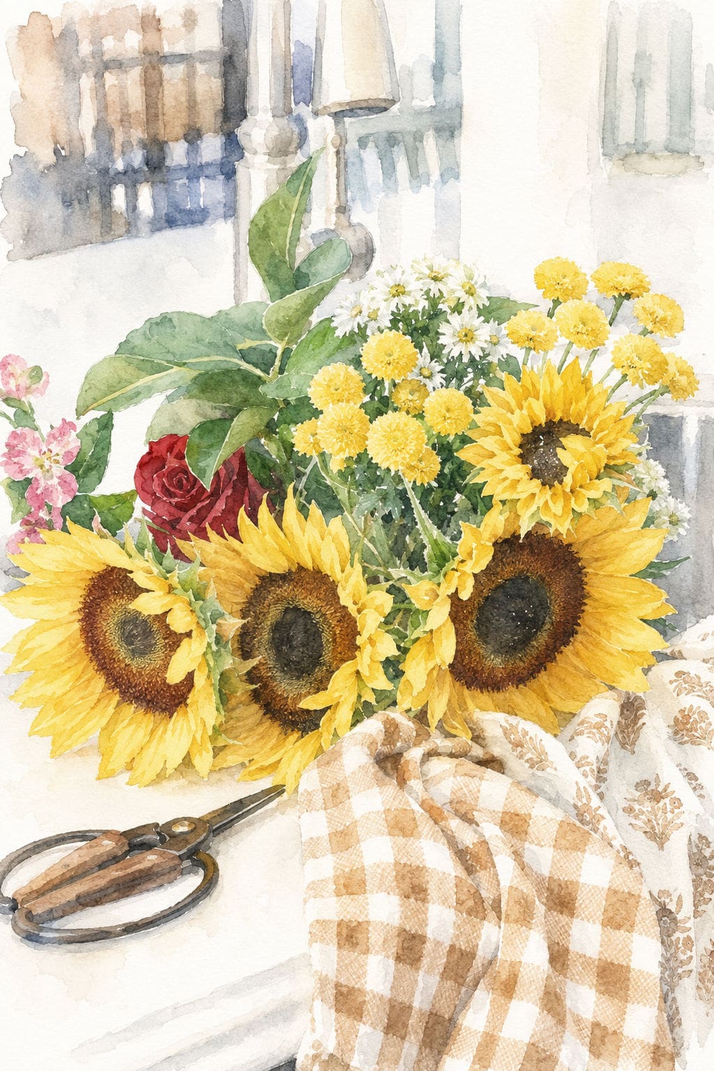 sunflowers in kitchen sink watercolor