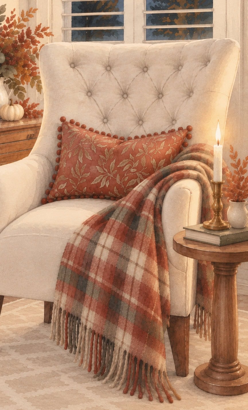 corner of living room with candle fall watercolor