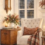corner of living room with chair and cozy blanket at night watercolor