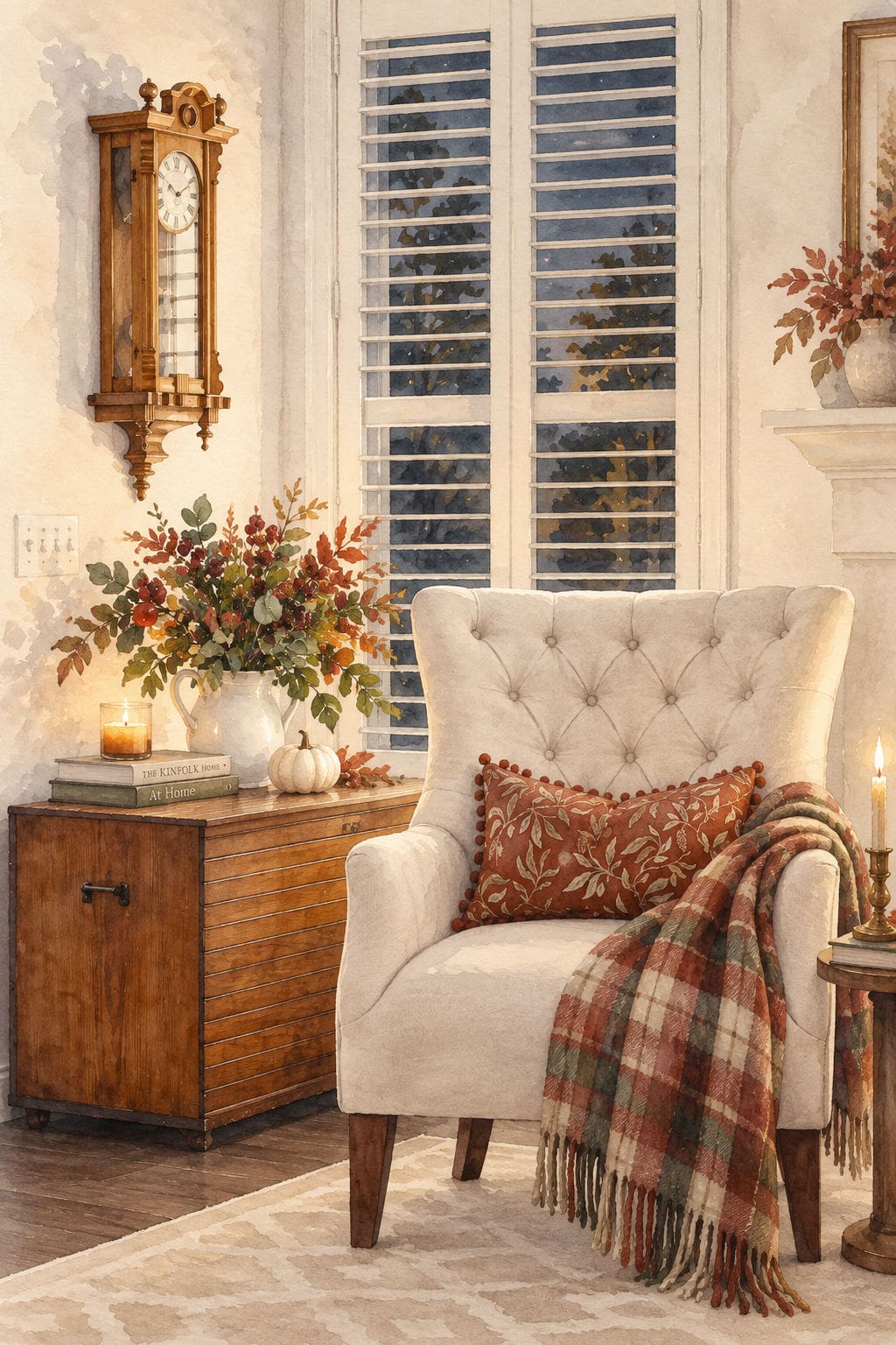 corner of living room with chair and cozy blanket at night watercolor